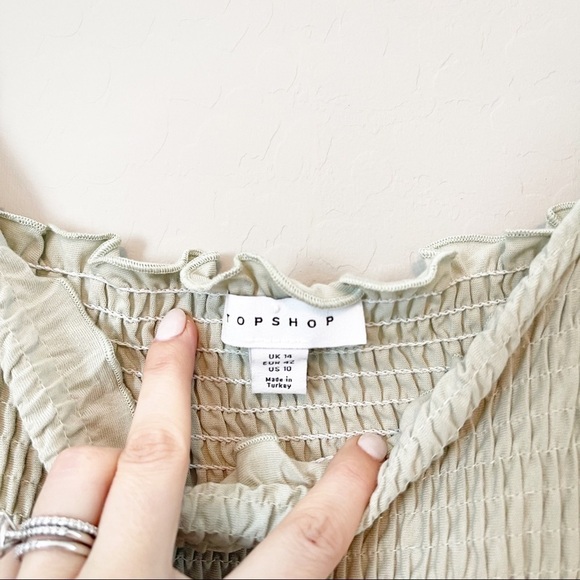 Topshop Women's Smocked Mini Dress Off The Shoulder Balloon Sleeve Green 10 - Picture 6 of 7